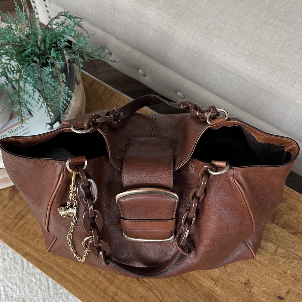 Vintage Banana Republic Jumbo Brown Leather Buckle & Chain Hobo Bag - Picture 9 of 15